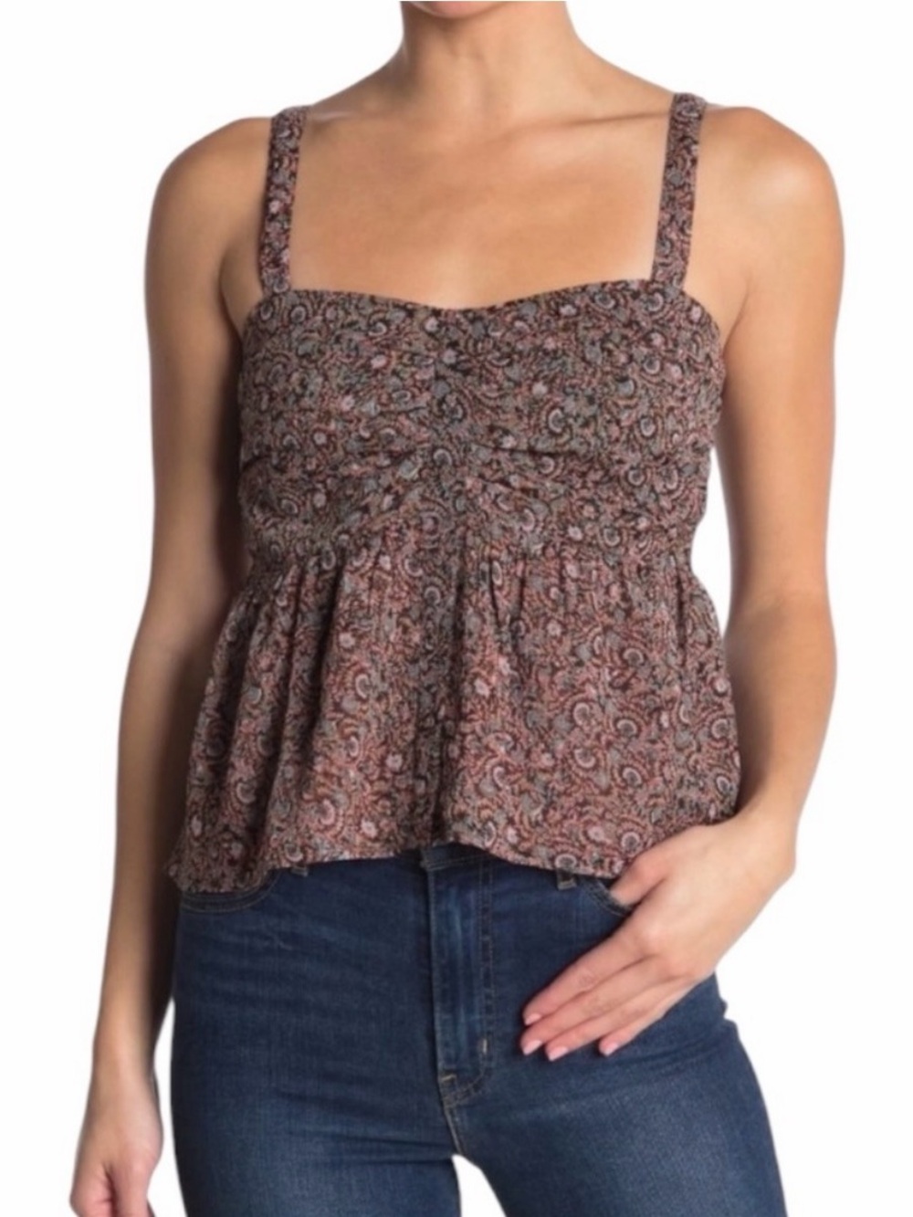 Walter Baker Paisley Smocked Babydoll Tank Top Large Boho Coquette Peplum